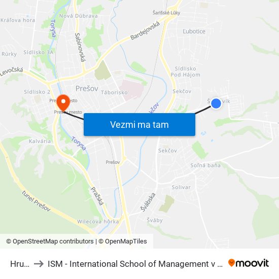 Hruny to ISM - International School of Management v Prešove map