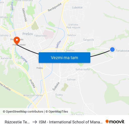 Rázcestie Teriakovce to ISM - International School of Management v Prešove map