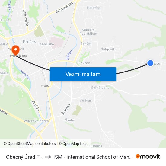 Obecný Úrad Teriakovce to ISM - International School of Management v Prešove map