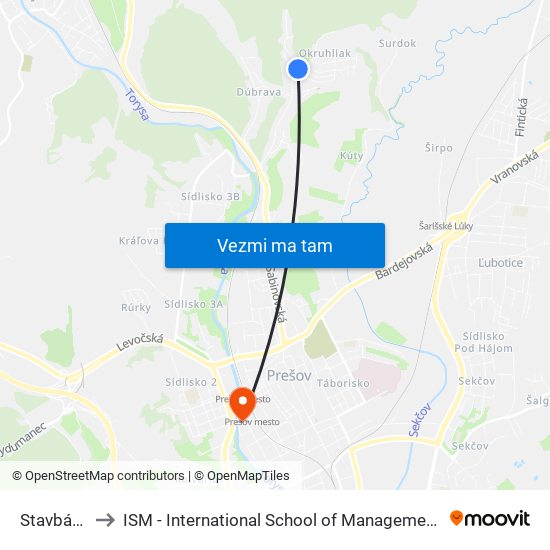 Stavbárska to ISM - International School of Management v Prešove map