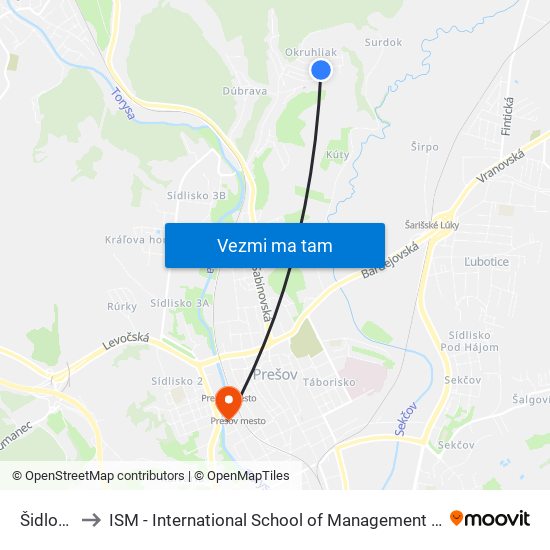 Šidlovec to ISM - International School of Management v Prešove map