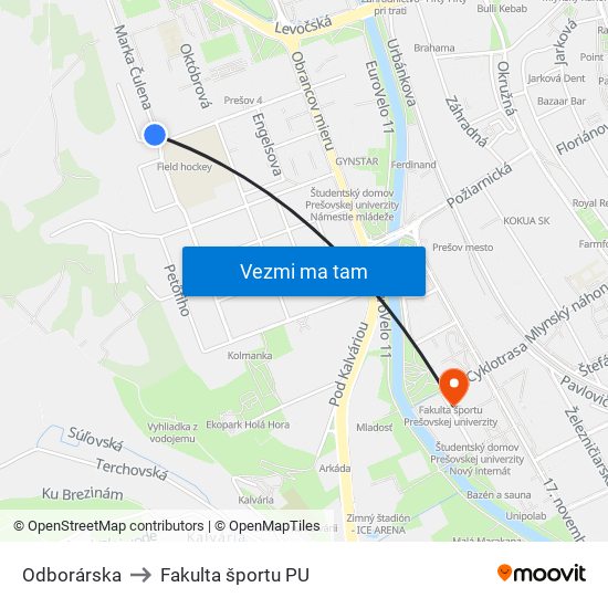 Odborárska to Fakulta športu PU map