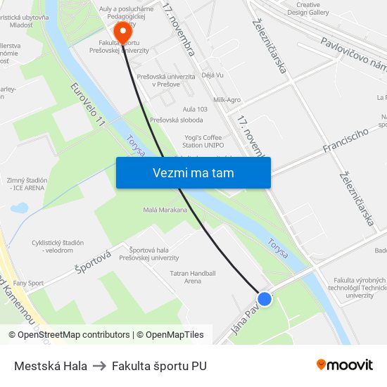 Mestská Hala to Fakulta športu PU map