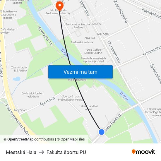 Mestská Hala to Fakulta športu PU map