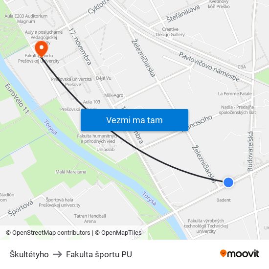 Škultétyho to Fakulta športu PU map