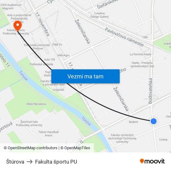 Štúrova to Fakulta športu PU map