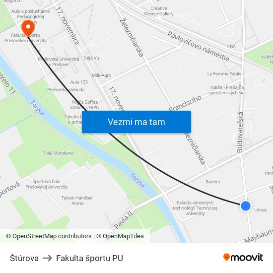 Štúrova to Fakulta športu PU map