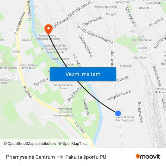 Priemyselné Centrum to Fakulta športu PU map