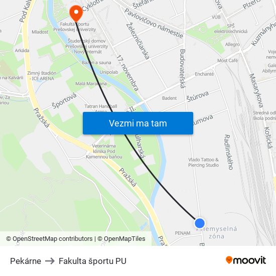 Pekárne to Fakulta športu PU map