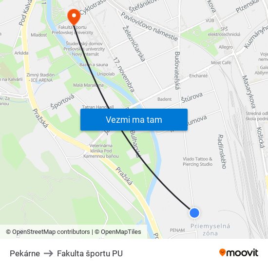 Pekárne to Fakulta športu PU map