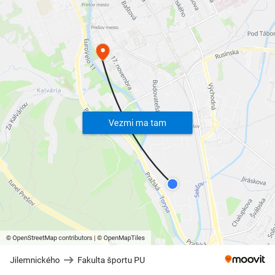 Jilemnického to Fakulta športu PU map