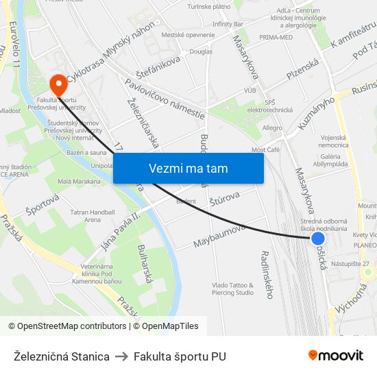 Železničná Stanica to Fakulta športu PU map