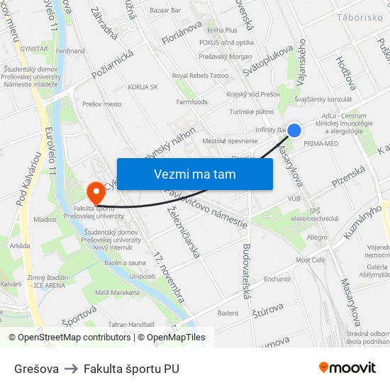 Grešova to Fakulta športu PU map