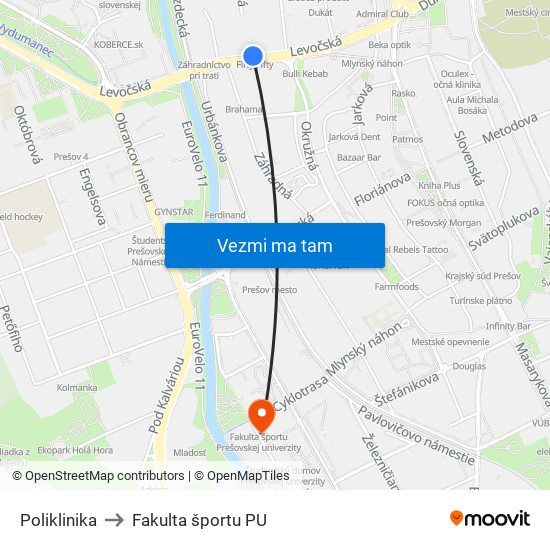 Poliklinika to Fakulta športu PU map