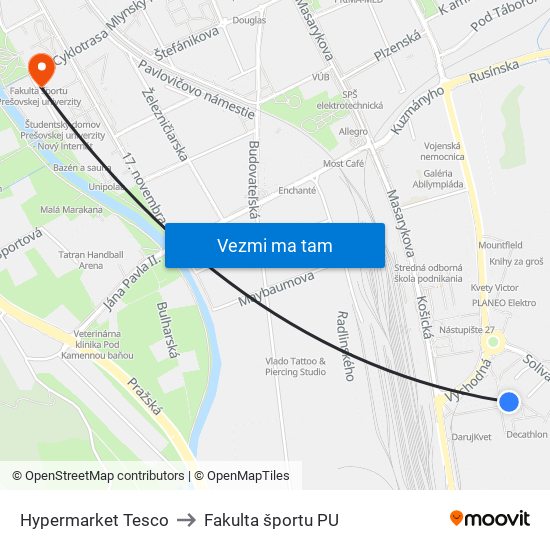 Hypermarket  Tesco to Fakulta športu PU map