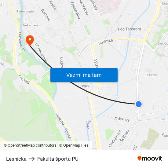 Lesnícka to Fakulta športu PU map