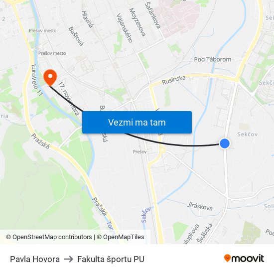 Pavla Hovora to Fakulta športu PU map