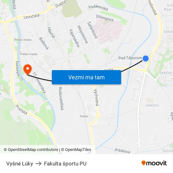 Vyšné Lúky to Fakulta športu PU map