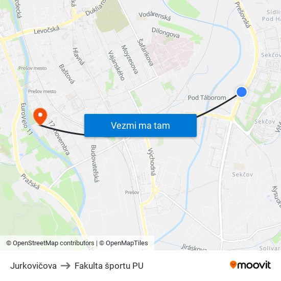 Jurkovičova to Fakulta športu PU map