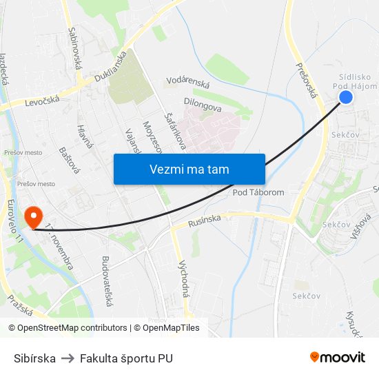 Sibírska to Fakulta športu PU map