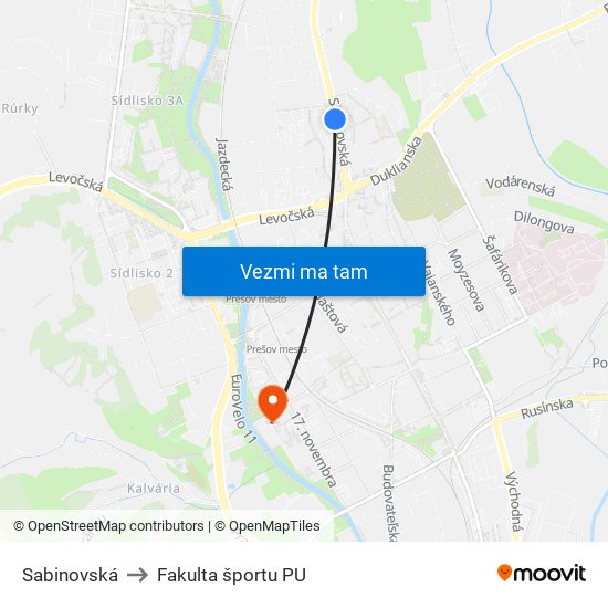 Sabinovská to Fakulta športu PU map