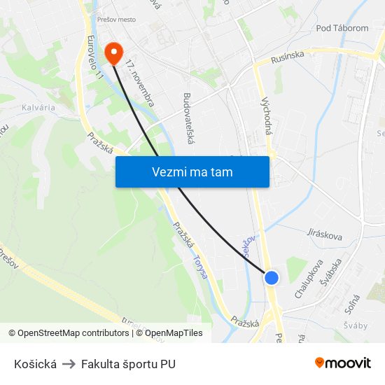 Košická to Fakulta športu PU map