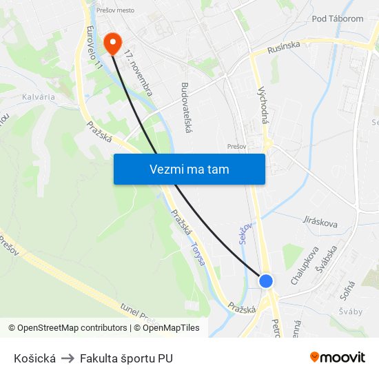 Košická to Fakulta športu PU map