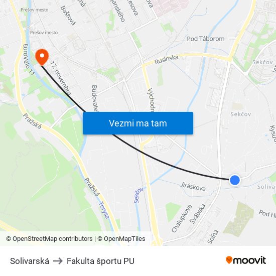 Solivarská to Fakulta športu PU map