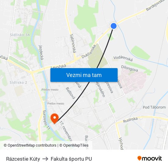 Rázcestie Kúty to Fakulta športu PU map