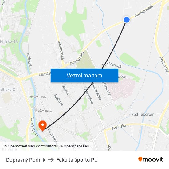 Dopravný Podnik to Fakulta športu PU map