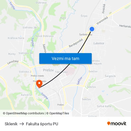 Skleník to Fakulta športu PU map