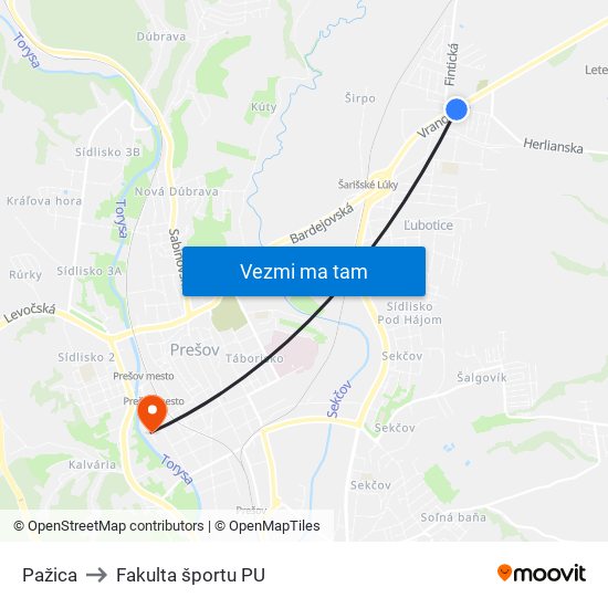 Pažica to Fakulta športu PU map