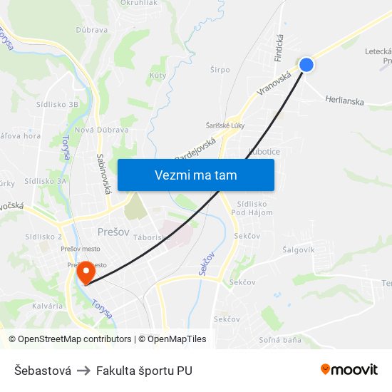 Šebastová to Fakulta športu PU map