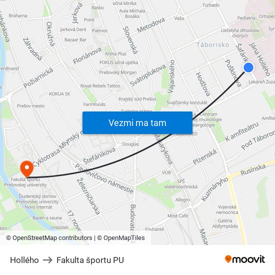 Hollého to Fakulta športu PU map