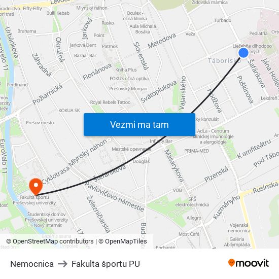 Nemocnica to Fakulta športu PU map