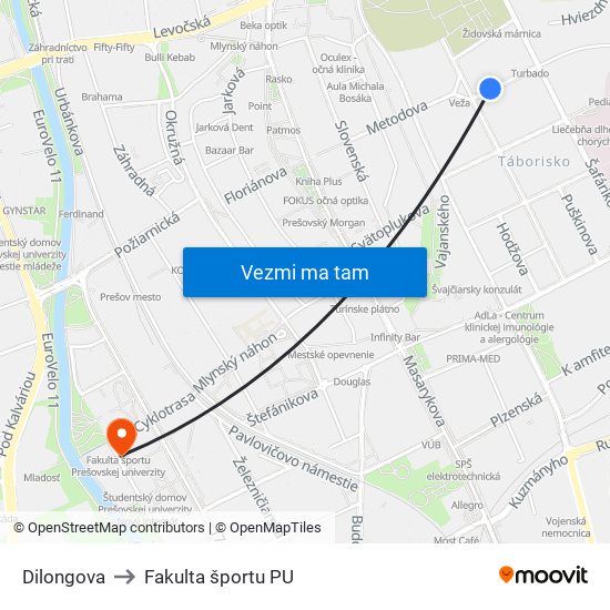 Dilongova to Fakulta športu PU map