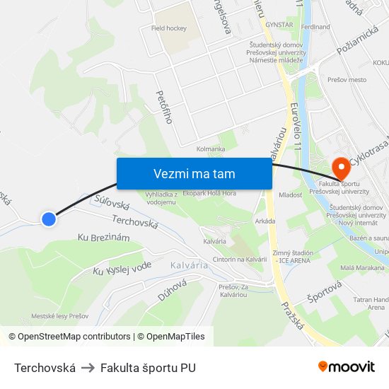 Terchovská to Fakulta športu PU map