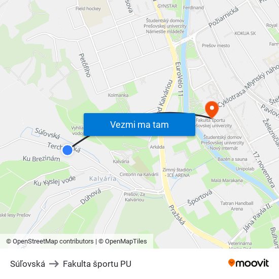 Súľovská to Fakulta športu PU map