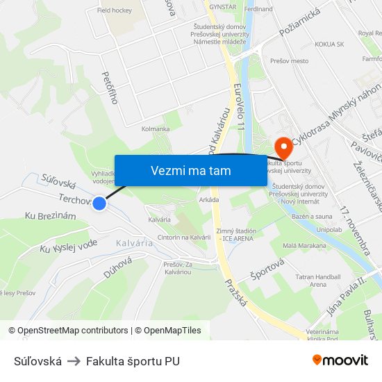 Súľovská to Fakulta športu PU map