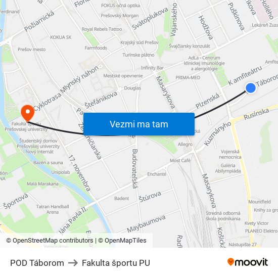 POD Táborom to Fakulta športu PU map