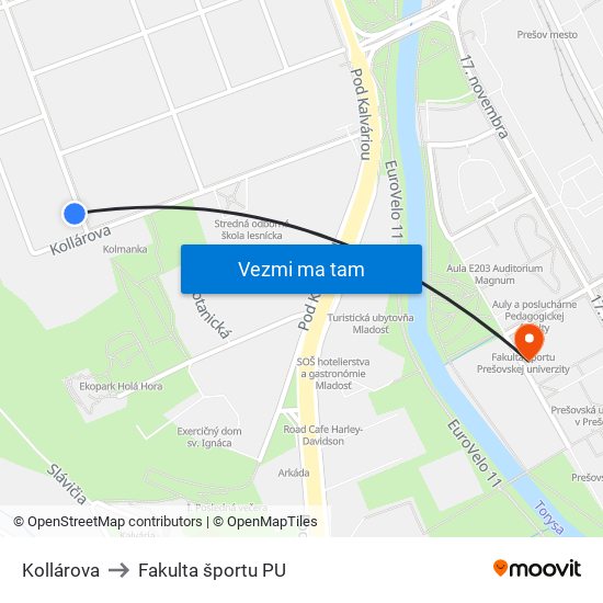 Kollárova to Fakulta športu PU map