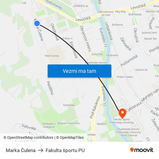 Marka Čulena to Fakulta športu PU map