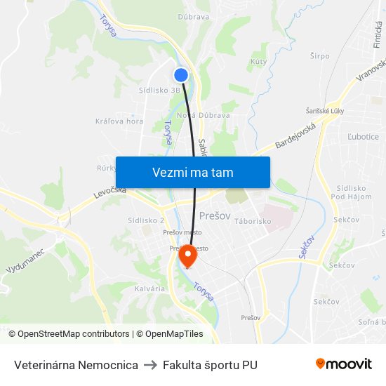 Veterinárna Nemocnica to Fakulta športu PU map