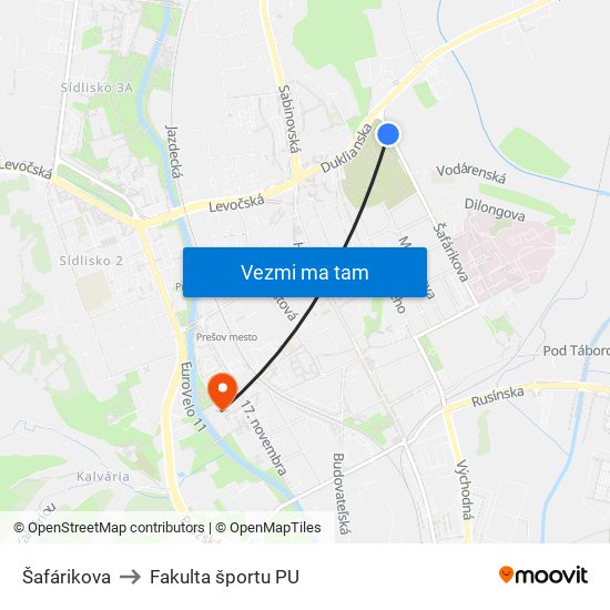 Šafárikova to Fakulta športu PU map