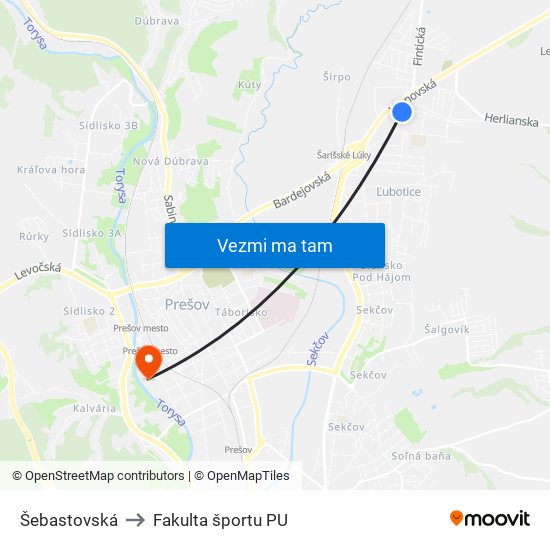 Šebastovská to Fakulta športu PU map