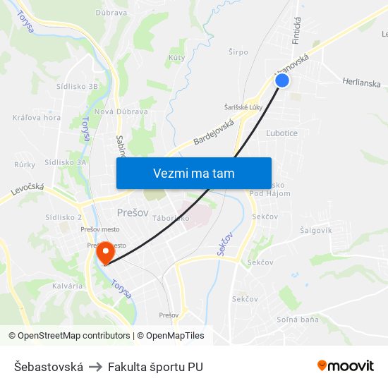 Šebastovská to Fakulta športu PU map