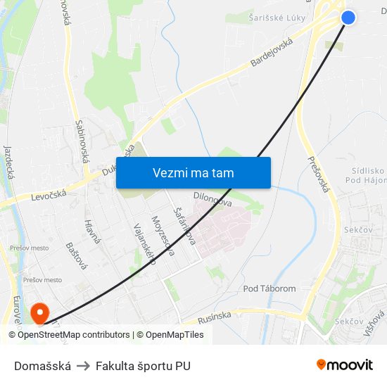 Domašská to Fakulta športu PU map