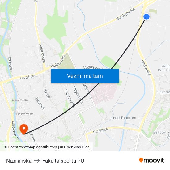 Nižnianska to Fakulta športu PU map