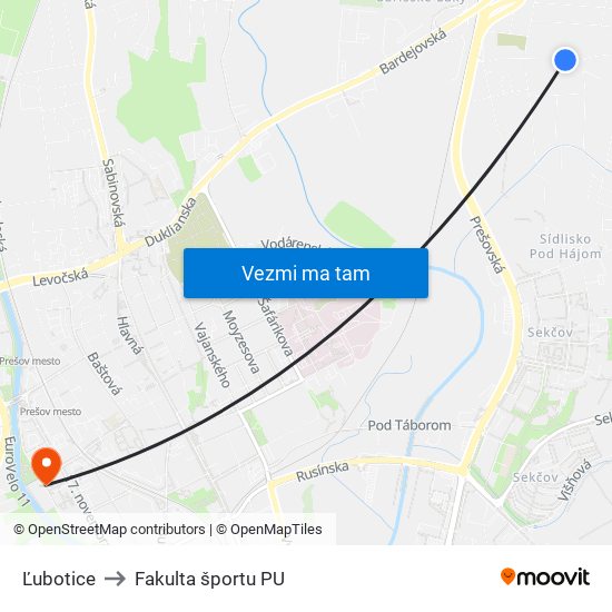 Ľubotice to Fakulta športu PU map