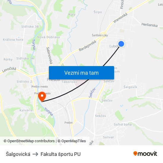 Šalgovická to Fakulta športu PU map